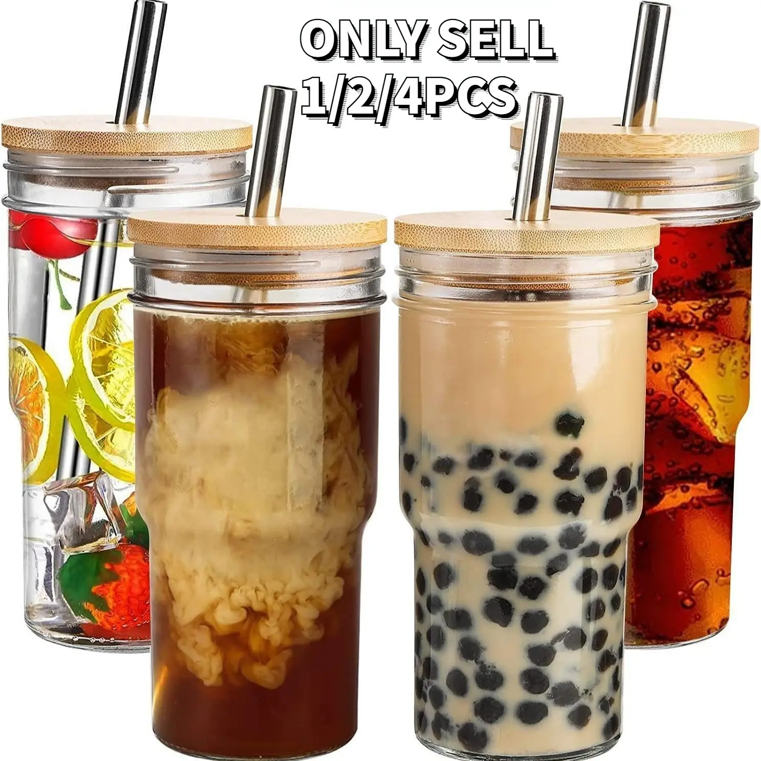 700ML/24oz Reusable Glass Straw Cup, Bamboo Water Bottle, Wooden Lid for Car, Outdoor Coffee Cup, Milk Tea Juice Cold Drink Container