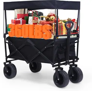 Collapsible Foldable Wagon Cart Stroller & Push Wagon with Canopy All-Terrain Wheels Handle & Push Bar 42.5'' L 440LBS Capacity Grocery & Outdoor Use
