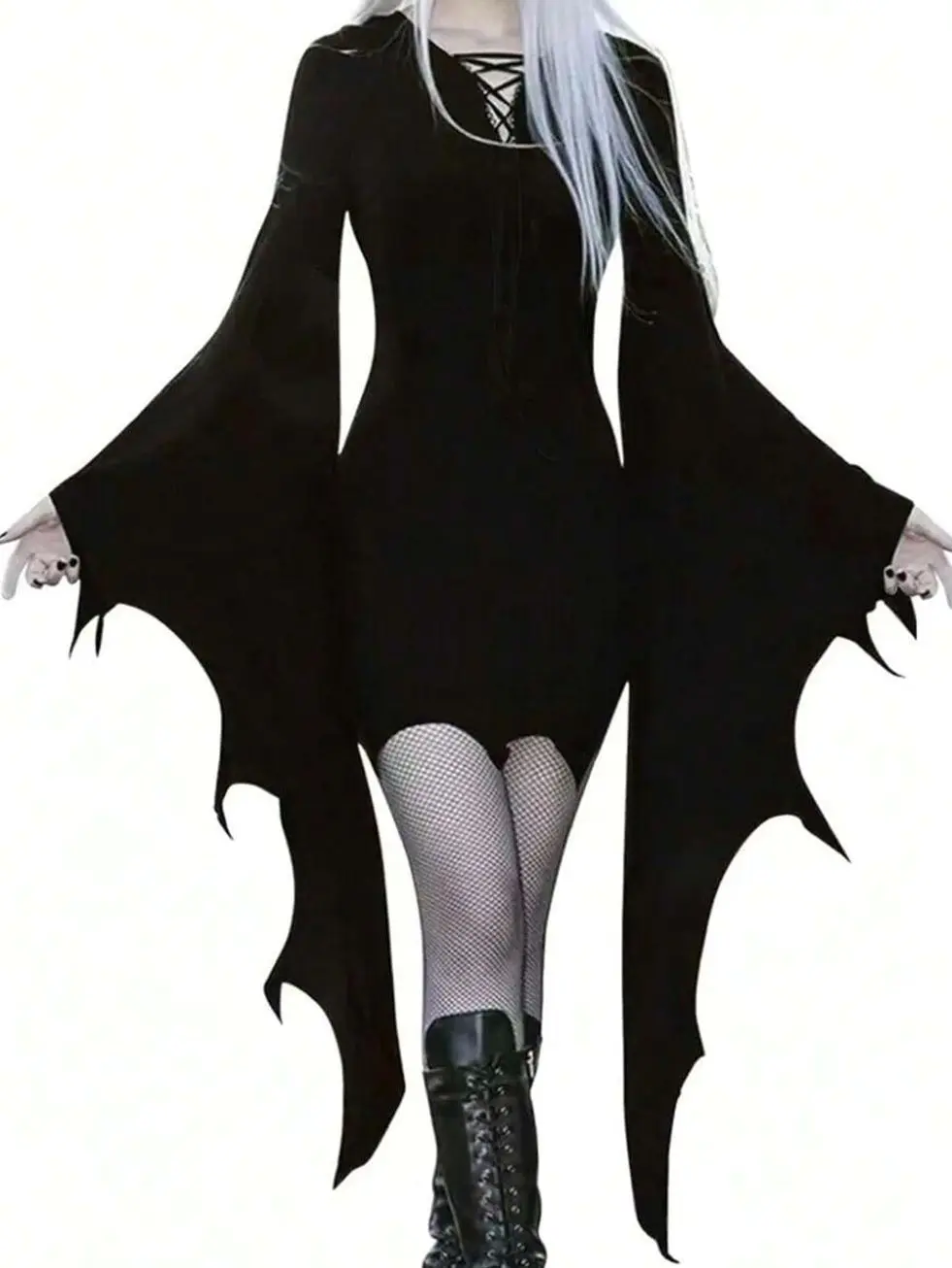 Women's Vintage Gothic V-Neck Tie-Up Flared Dress, Fitted Vampire Style Batwing Sleeve Punk Dark Aesthetic Outfit for Party Concert