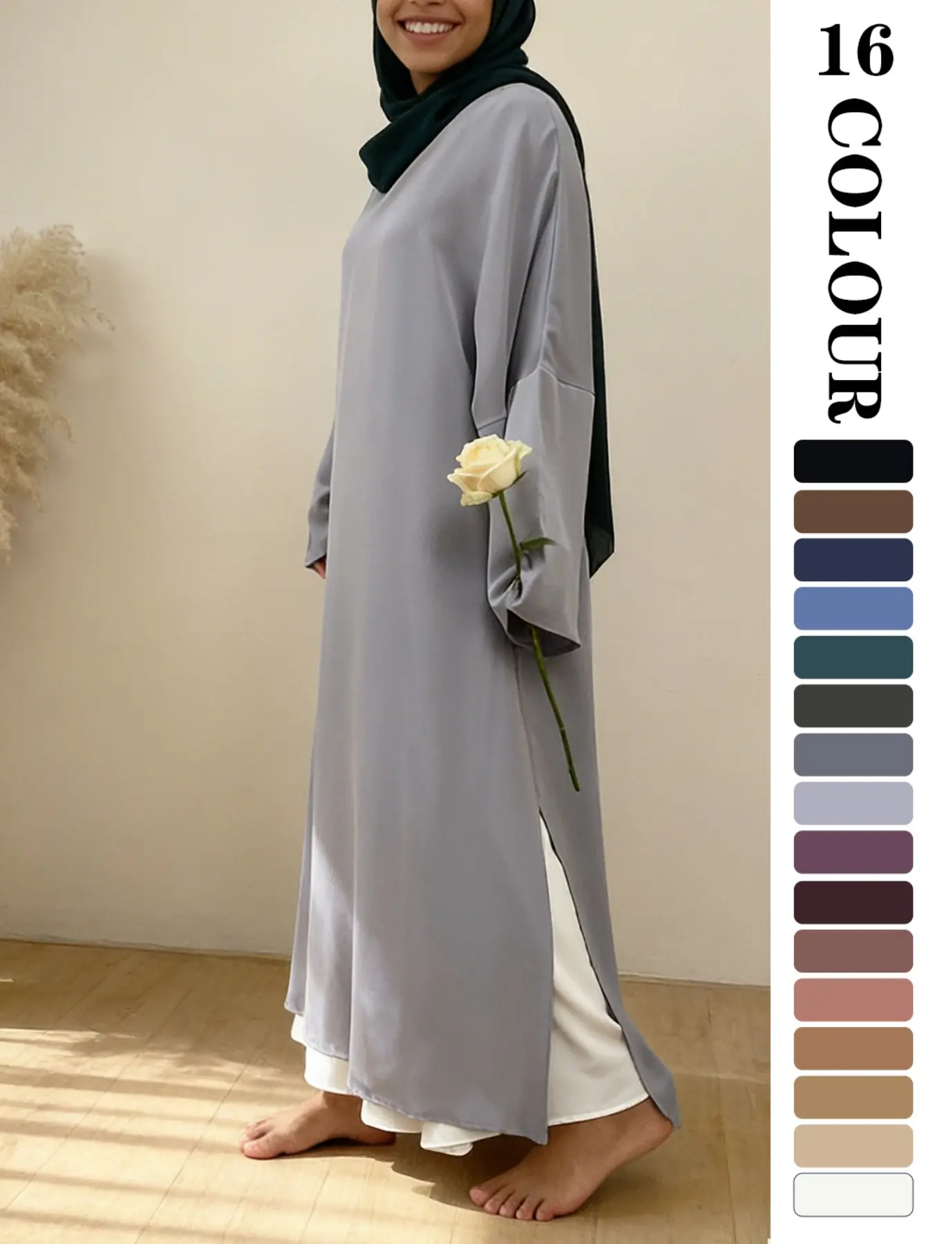 Muslim Sleepwear Abaya Nida Fabric, Modesty Abaya, 16 colour Available in 5 Sizes,  Breathable Loose Fit, Side Slit Design, Casual Long Robe, Islamic Abaya Dress, Not Included   inner and Hijab