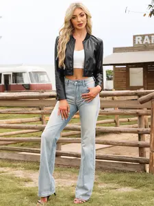 INSPIRE CHIC Faux Leather Bomber Jacket for Women Casual Zip Up PU Moto Biker Motocycle Cropped Jackets
