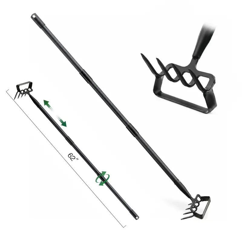 2-in-1 Stirrup Hoe and Cultivator Rake, Adjustable Long Handle Garden Weeder Tool with 4 Tine Cultivator, Heavy Duty Loop Action Hoe for Lawn Yard Vegetable Garden and Farm