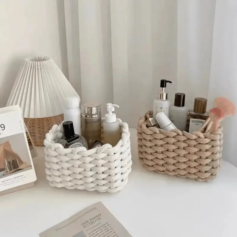 Woven rope storage basket, open woven design with rounded edges - Multi-functional storage basket Organiser, suitable for bathrooms, desks, bedrooms - Durable woven basket, for home organization and decorative shelf storage