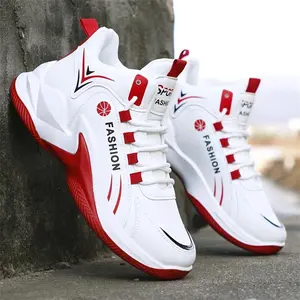 Men's high top sports shoes - Non slip PVC sole, breathable PU upper, and EVA cushioning pad - Suitable for all seasons casual running shoes in gyms, workplaces, and walking places - White/red lace up sports shoes