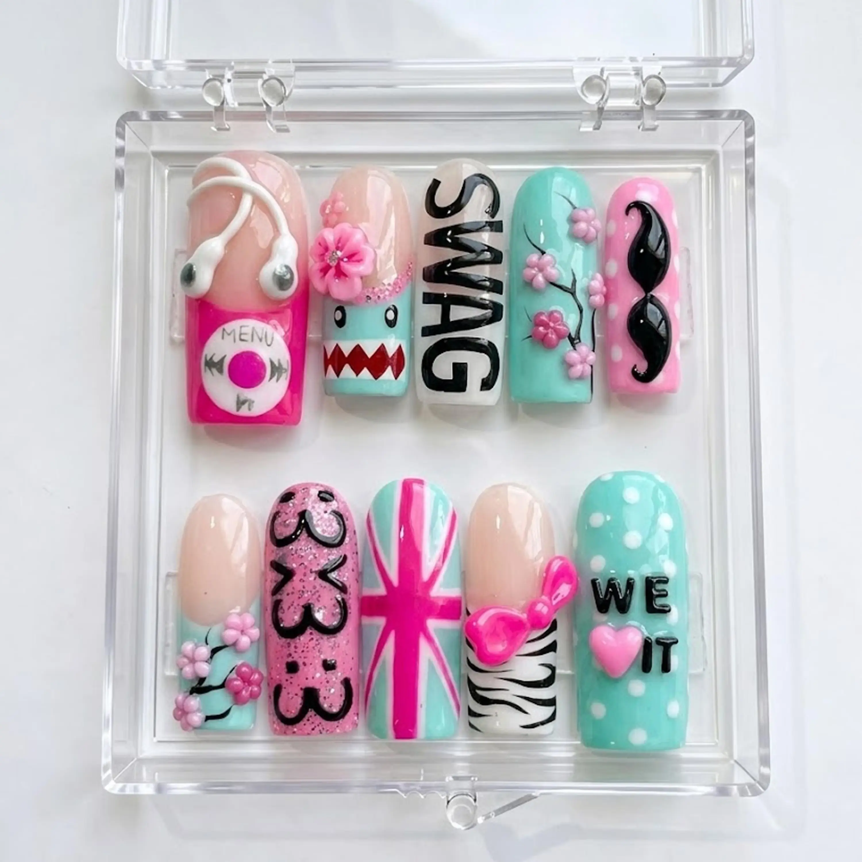 Y2K Scene Press On Nails | Retro Tech Kawaii Coquette Bows Handmade Set