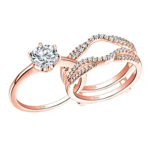 Solid 925 Sterling Silver Solitaire Round Cut 5A CZ Wedding Rings Set for Women Eternity Stacking Guard Ring Enhancer Rose Gold#Love Story#Love Story #Love Story