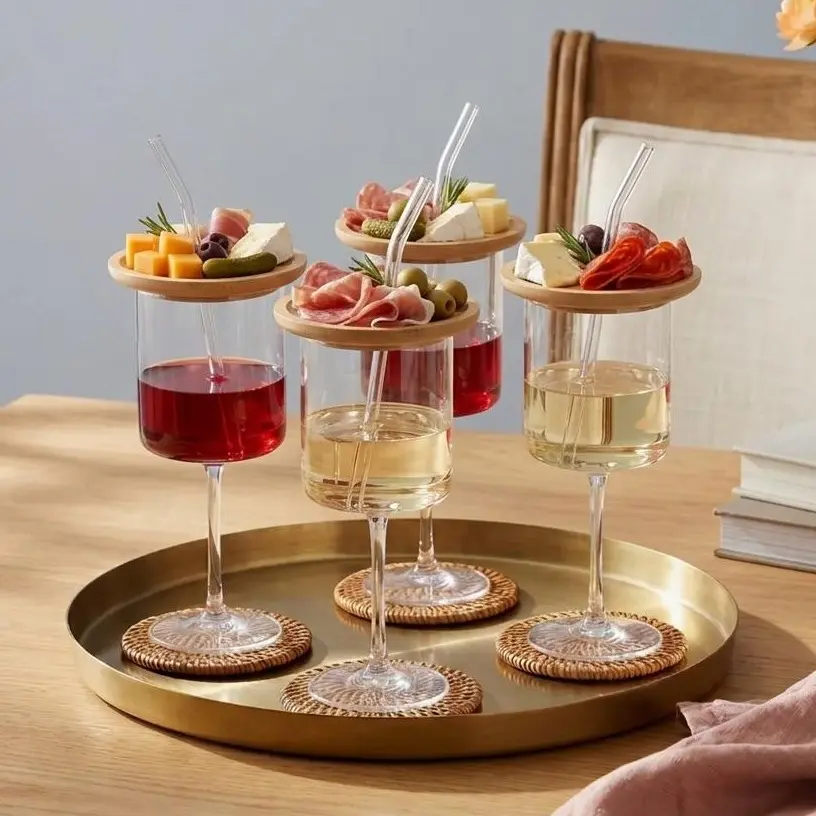 Set of 4, 3 in 1 Wine Glass Set with Snack Plate and Straw, Great Birthday Treat, Bathtime, White Elephant Gift, Addition for Galentine's, Valentine's day, Girls' Nights, Book Club