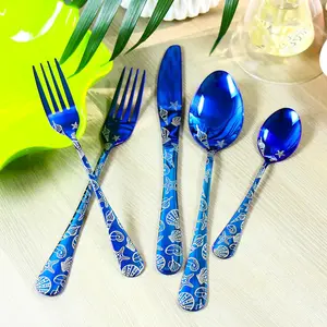 20 count Stainless Steel Flatware Set for 4 People  Forks Spoons Set,  Paisley  Design, Mirror Polish and Dishwasher Safe (20, Blue Seashell)