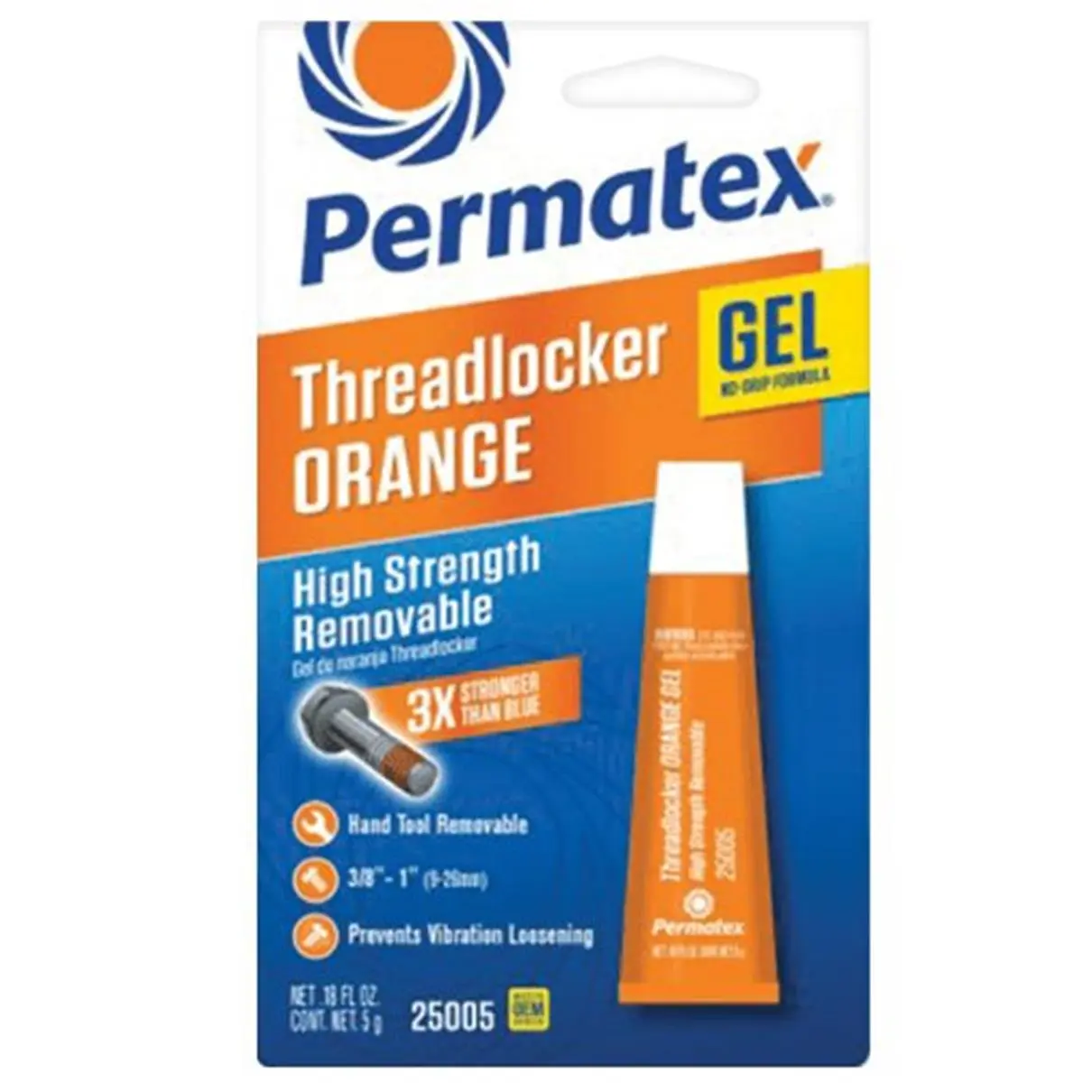 212 MAIN Permatex PA25005 5 gm High Strength Orange Threadlocker Gel, High Vibration Resistant, Removable Automotive & Motorcycle Assembly Tool