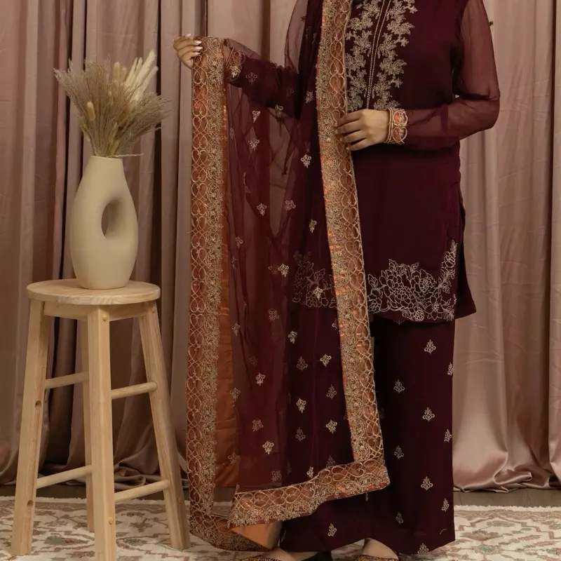 Women's Burgundy Embroidered 3-Piece Suit