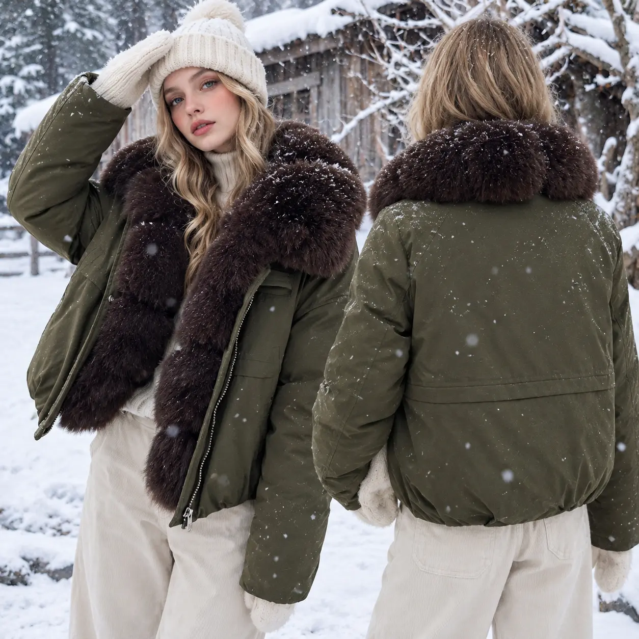 Women's Faux Fur Collar Puffer Jacket, Warm Winter Coat with Zip Up Closure, Short Parka Jacket for Fall & Winter