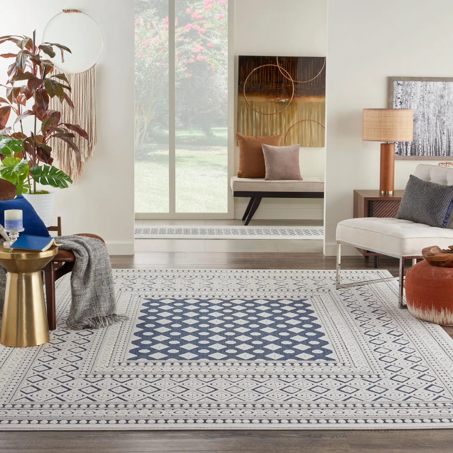 Nourison Calobra Bordered Area Rug - Classical Look, Durable Low-Shed Poly-Blend Fibers, Cut-And-Loop Tile Motif, Indoor Outdoor Rugs for Poolside/Patio Use
