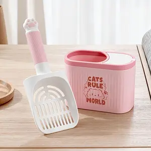 A multifunctional and cute pet cleaning tool that can store a cat litter scoop, effectively remove clumps, features dual reservoirs, and is equipped with a portable integrated garbage bag section. It has a sturdy structure for household pet care.