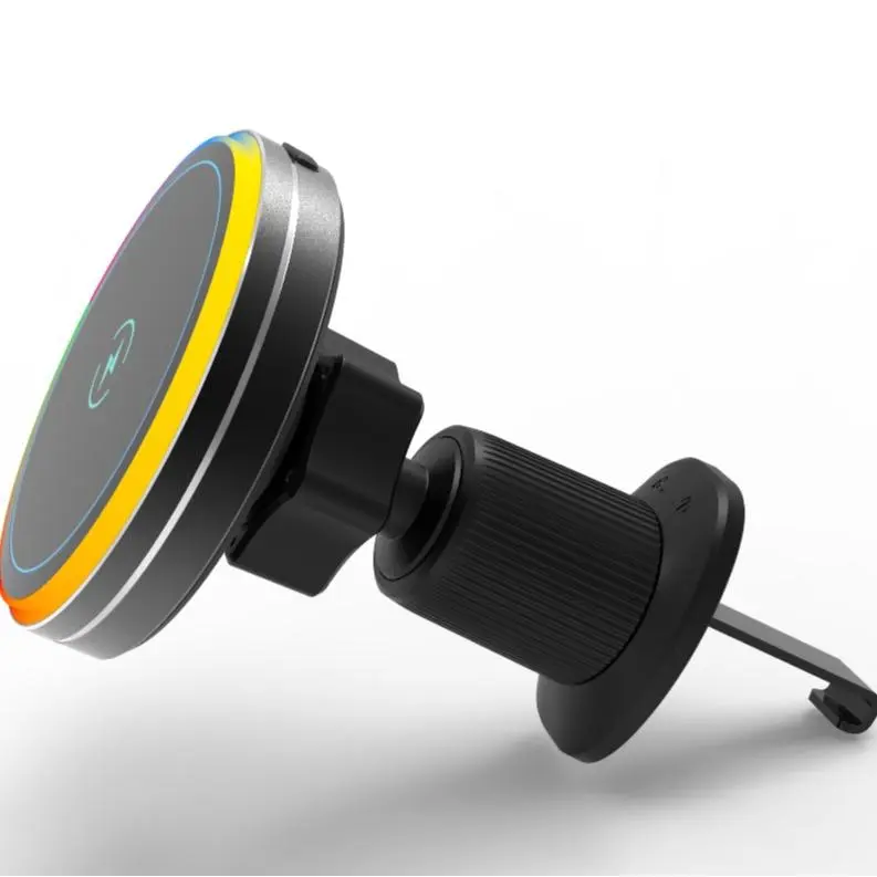 15W Magnetic Wireless Car Charger Mount, RGB Light Ring, Hook-Style Air Vent Phone Holder with USB-C Input, 360° Adjustable for Car, SUV & Truck