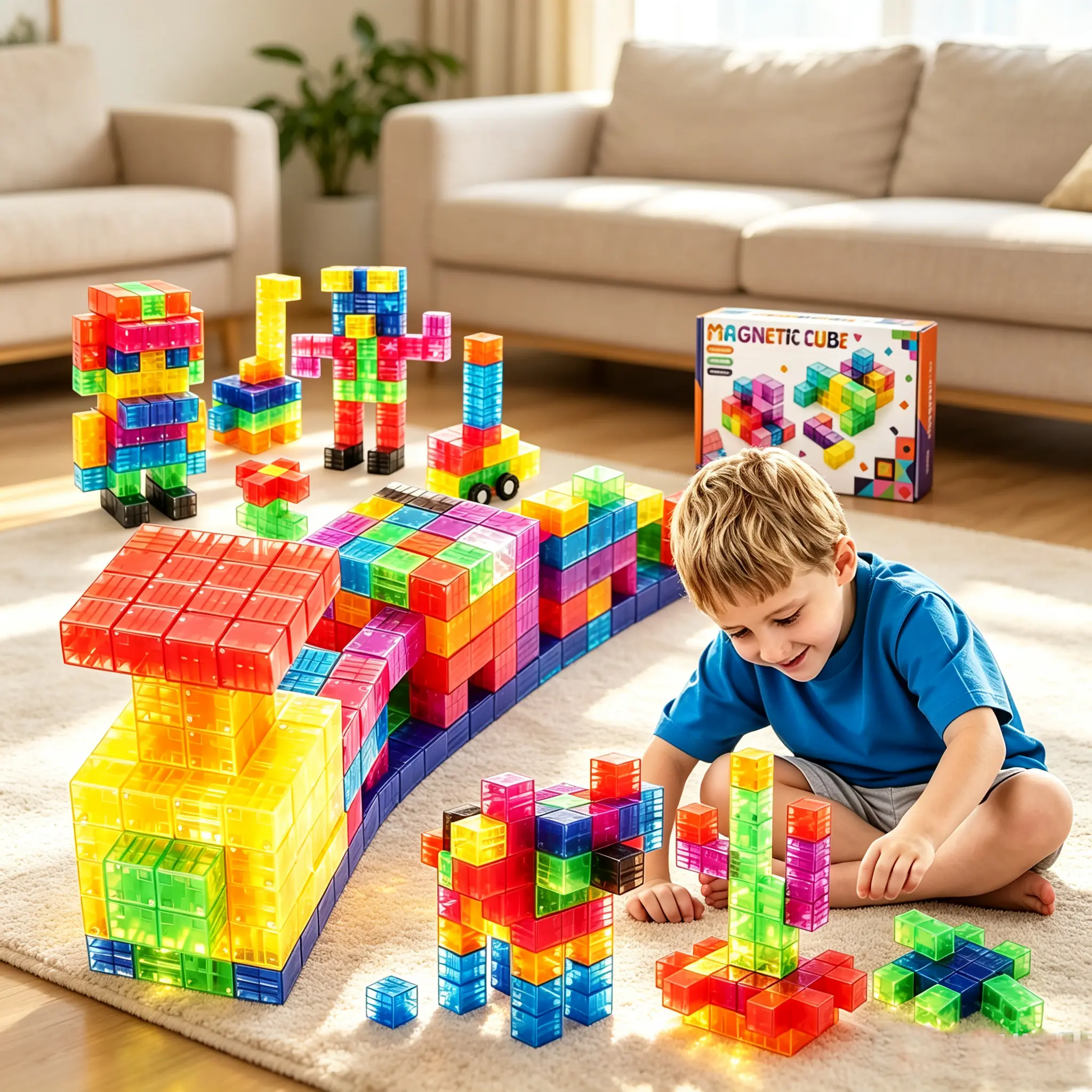 Light-up magnetic building blocks, solid-color magnetic cubes for children’s construction play, free DIY, each block includes 8 magnets, 108/210 pieces of LED magnetic blocks, educational gift for boys and girls, suitable for ages 3 and up