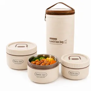 Portable Bento Lunch Box Set for Adults, 3-Piece Round Food Container Kit with 1 Large and 2 Equal Small Containers, Removable SUS304 Stainless Steel Inner Bowls, Insulated Bag for Work Lunch, School Meals, Picnic, Camping, Travel & Daily Use