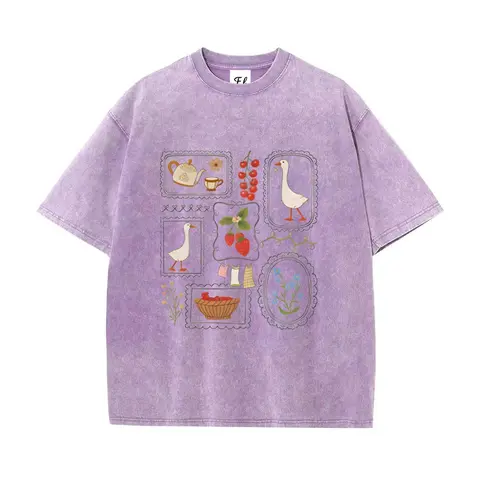 Men's Vintage Washed Pure Cotton T-Shirt - Cottagecore Goose, Strawberry, Floral Graphics, Oversized Boxy Fit, Retro Basic, Regular Fit Flatters Body, Y2K Streetwear, Retro 90s Vibe, Unisex S-5XL, All Seasons, Easy for Daily Wear, Hand or Machine Washable