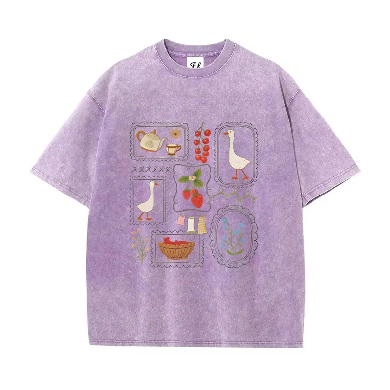 Men's Vintage Washed Pure Cotton T-Shirt - Cottagecore Goose, Strawberry, Floral Graphics, Oversized Boxy Fit, Retro Basic, Regular Fit Flatters Body, Y2K Streetwear, Retro 90s Vibe, Unisex S-5XL, All Seasons, Easy for Daily Wear, Hand or Machine Washable
