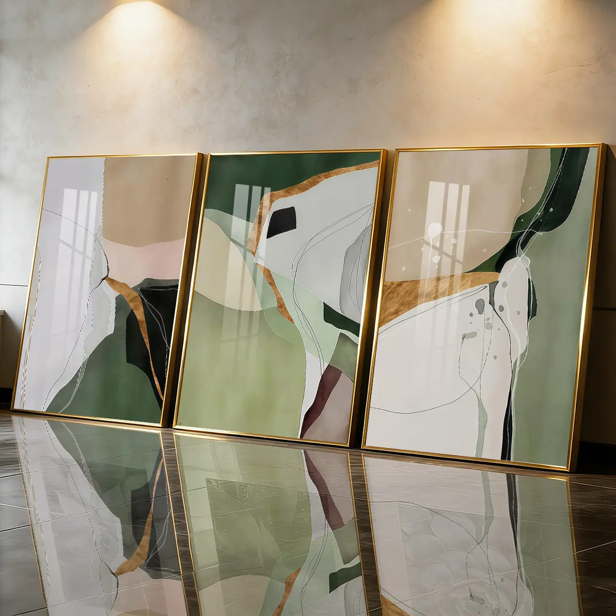 3 Count Aluminum Alloy Frame Canvas， Fashion Poster， Creative Design Print， Artistic Abstract Green Beige Gold Line Art， Modern Living Room Decoration， Light Luxury Family Art， Suitable For Bedroom， Corridor And Office Wall Decor， Gift