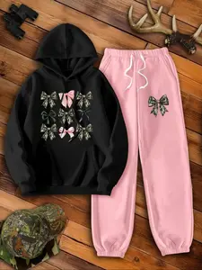 Women's Hooded Sweatshirt & Sweatpants Set, Christmas Theme Camo Pattern, Vintage Style Bow Design, Fall Winter Casual Wear
