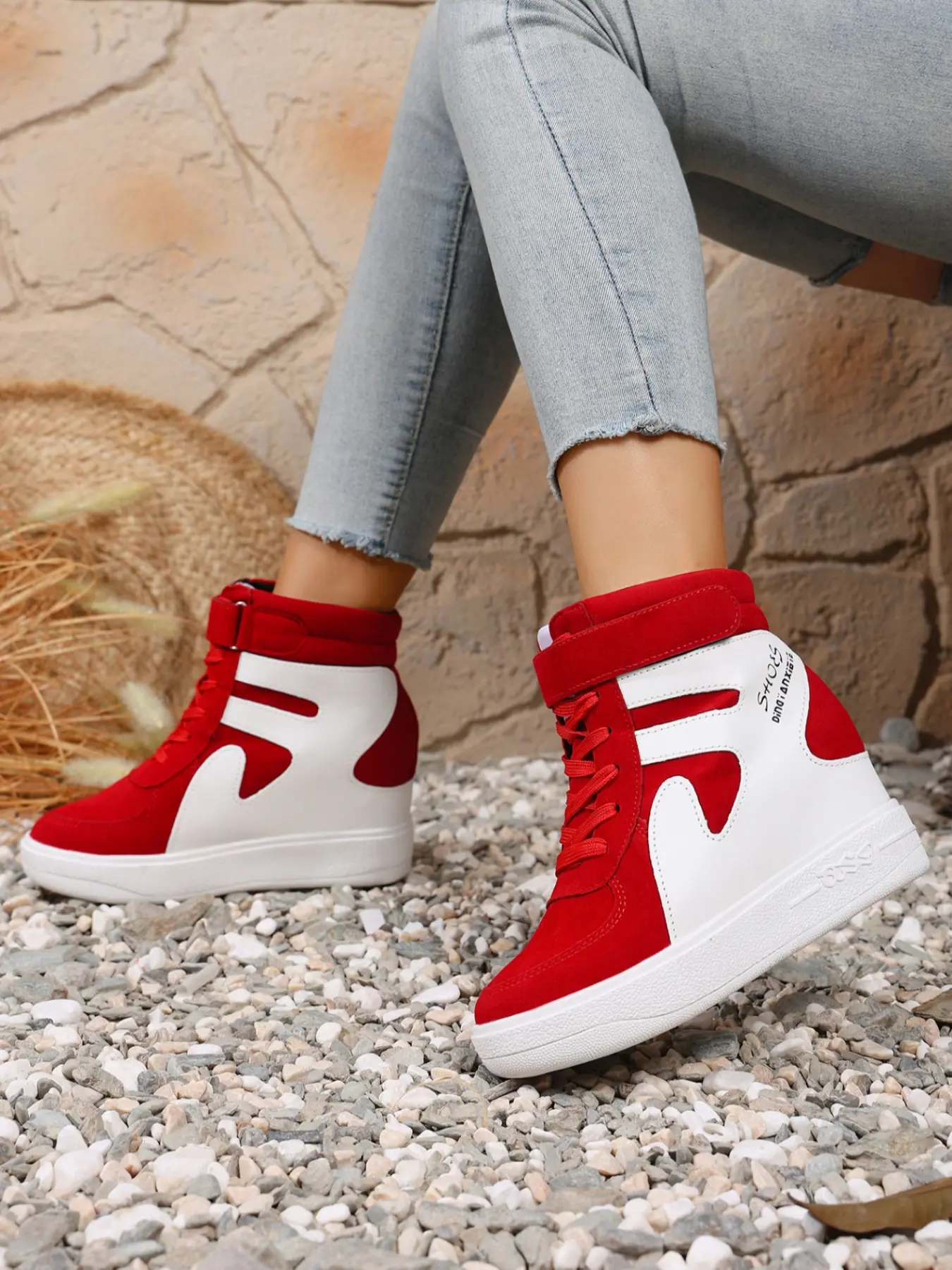 Women's High-Top Sneakers, Casual Sporty Style, Invisible Height Increase Design, Patchwork Pattern, Comfortable Walking Shoes, Footwear Sneakers, Colorblock Patchwork Sneakers, Height Increasing Sneakers, Lifestyle Colorblock Sneakers, Stylish Sneaker