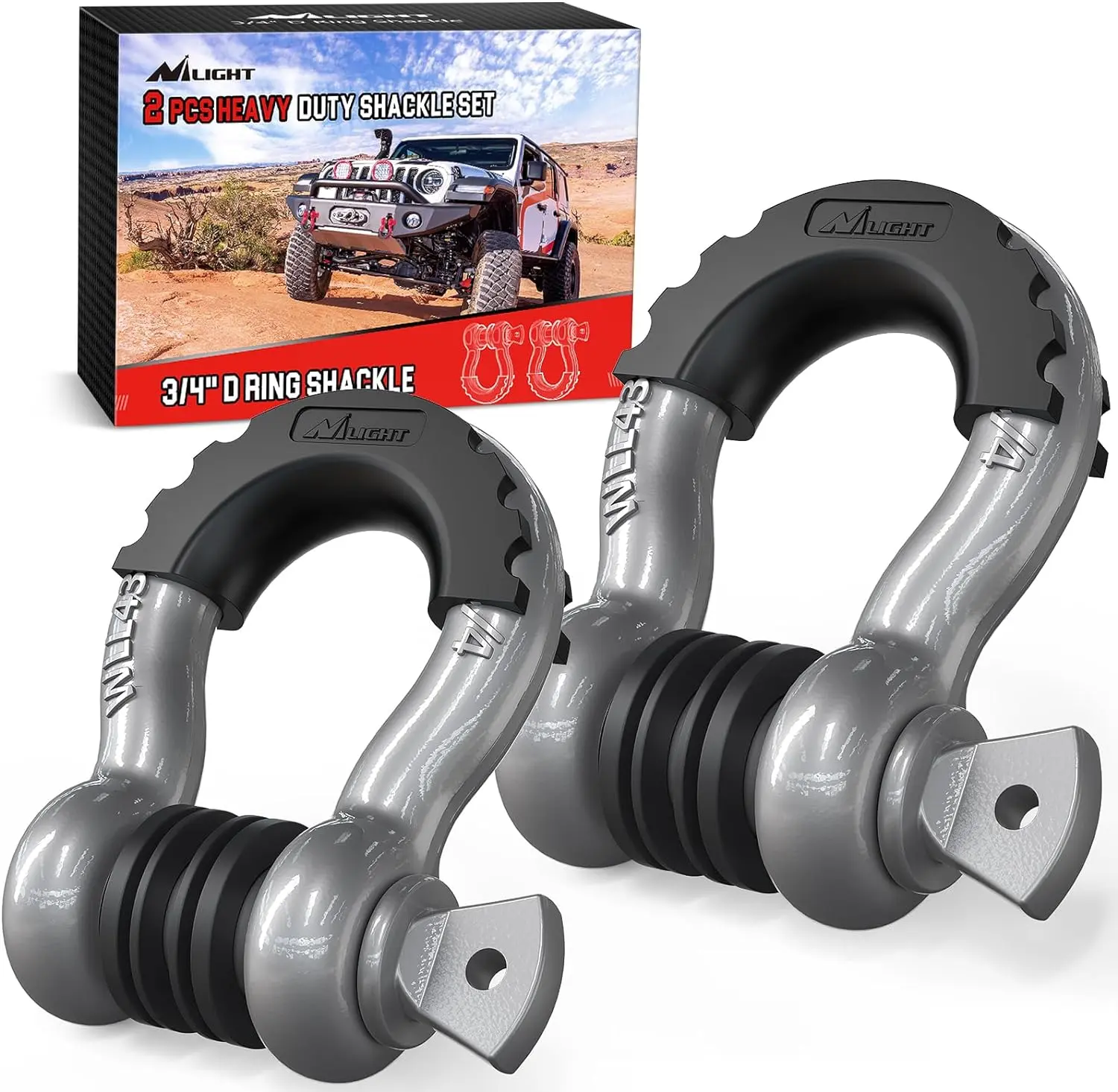 Nilight 2 Pack 3/4" D-Ring Shackle with 7/8" Screw Pin 41,887lbs Break Strength, Heavy Duty Off Road Recovery Shackle with Isolators Washers for Use with Tow Strap, Winch, Off-Road Truck Vehicle, 4.75 Ton Cap, Drop Forged