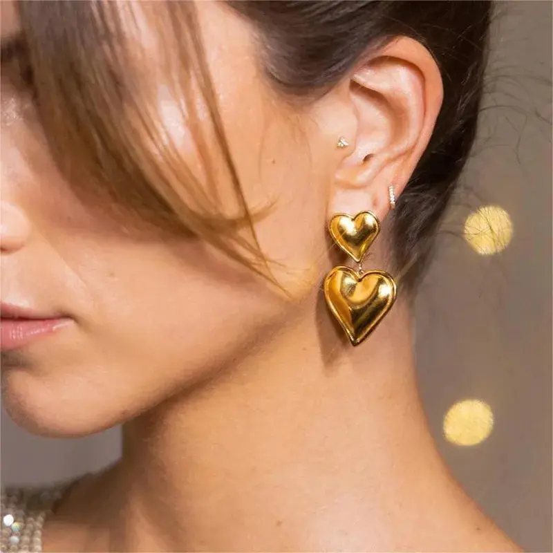 Stainless steel electroplated 18K gold double heart earrings