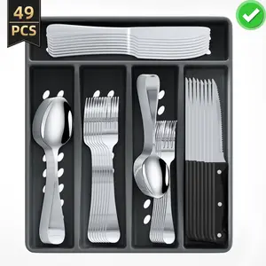 48 PCS Silverware Sets with Organizer, Silver Flatware Set Set for 8, Premium Stainless Steel Cutlery Utensil Set with Steak Knives Forks and Spoons, Dishwasher Safe