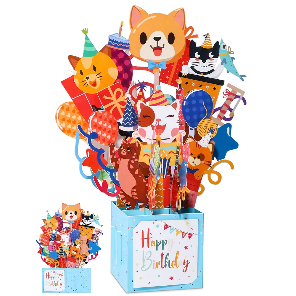 Pop Up Birthday Card with Envelope - 3D Cute Cats Pop Up Funny Birthday Card, Surprise Gifts for Girls Boys Kids Women Daughters Grandson Granddaughter Sisters Friends
