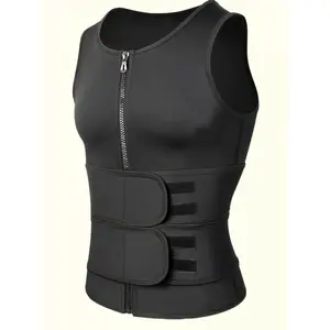 Men's Neoprene Zip-Up Workout Vest with Adjustable Waist Trainer - Slim Fit Gym & Training Shirt for Core Support, Sweat-Wicking, All-Season Use - Black