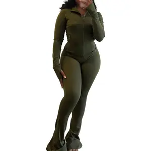 Women's 2 - Piece Lounge Set  Cozy Zip-Up Crop Jacket & Flare Pants Tracksuit|                   Stretchy Workout Outfit Home, Gym & Streetwear