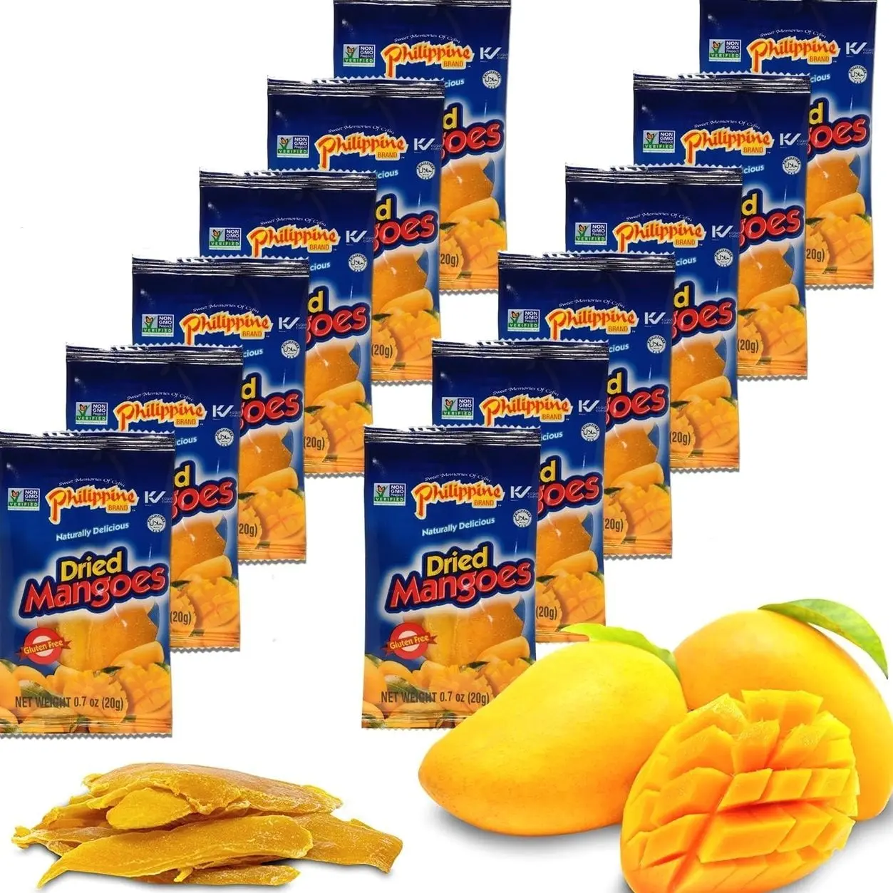 Philippine Brand Dried Mangoes Fruit Snacks- All Naturally Gluten Free, Vegan, Hand-Selected Delicious Fresh Mangos from Philippines, Grab and Go Perfect for Office & School Food (.7oz (12 pack))