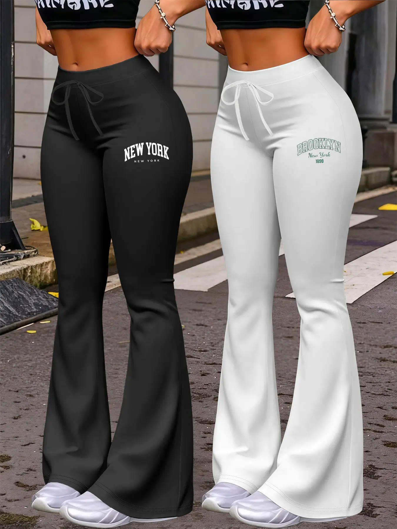 Women's Casual Flared Leg Pants, New York & Brooklyn Letter Print Yoga Jogger Pants, Fitted Adjustable Drawstring Long Pants for All Seasons Printed
