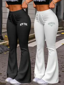 Women's Casual Flare Leg Pants, New York & Brooklyn Letter Print Yoga Jogger Pants, Fitted Drawstring Long Pants for All Seasons
