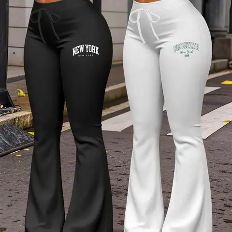 Women's Casual Flared Leg Pants, New York & Brooklyn Letter Print Long Pants, Fitted Adjustable Yoga Pants for All Seasons, Bell Leg Design