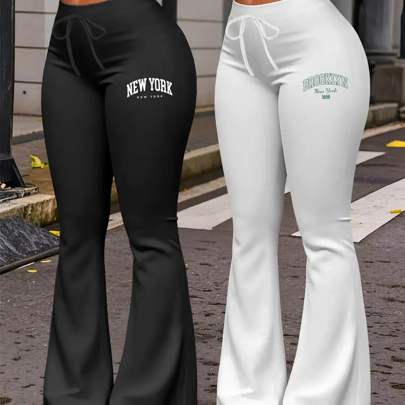 Women's Casual Flared Leg Pants, New York & Brooklyn Letter Print Long Pants, Fitted Adjustable Yoga Pants for All Seasons, Bell Leg Design