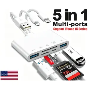 Universal 5-in-1 OTG Card Reader, High Speed USB 3.0 Data Transfer Adapter, Dual SD TF Card Slots, Simultaneous Charging & Reading for iOS and Android Devices