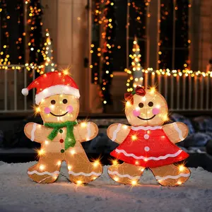 Christmas Outdoor Decorations Yard, 2-Piece Lighted 2D Gingerbread Man with 50 L, 23 Inch Pre-Lit Light Up Gingerbread Man, Xmas Festive Holiday Front Garden Patio Yard Lawn Display