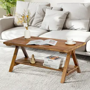 PieDle Solid Wood Coffee Table - 42.5” Firwood Farmhouse Rustic Wooden Coffee Tables for Living Room, Solid Firwood Rectangle Coffee Table, Center Table for Living Room, Brown