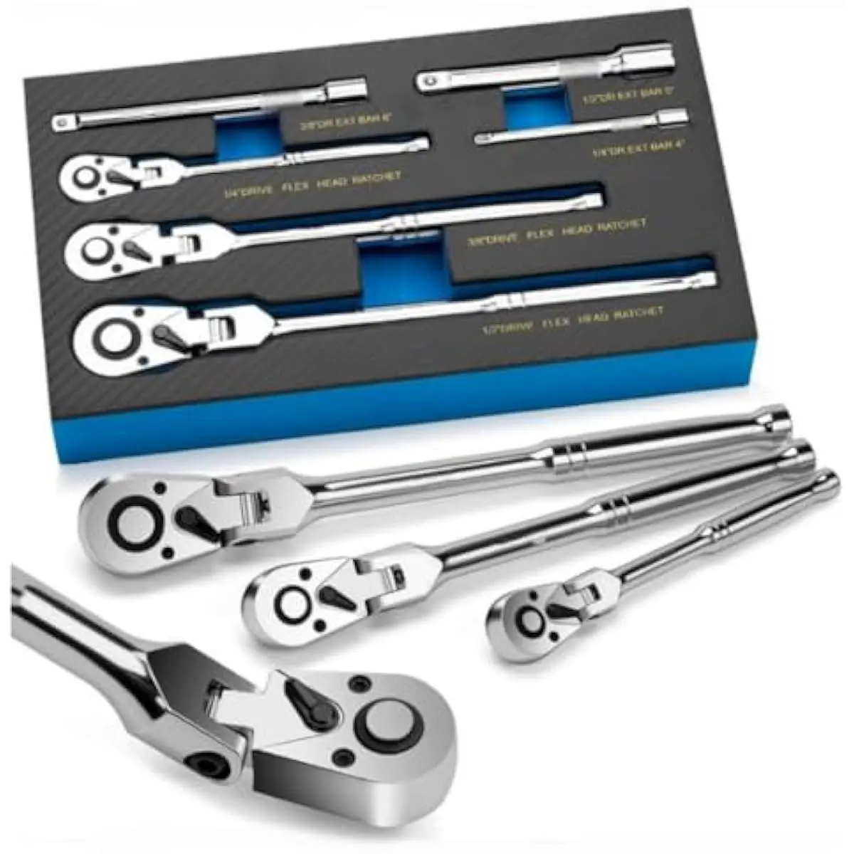6-Piece Flex Head Ratchet Set, Chrome Vanadium Steel, 1/4", 3/8", 1/2" Drive with Extension Bars, 72 Tooth 180° Adjustable Quick-Release Professional Swivel Head Ratchet Wrench Gift Set