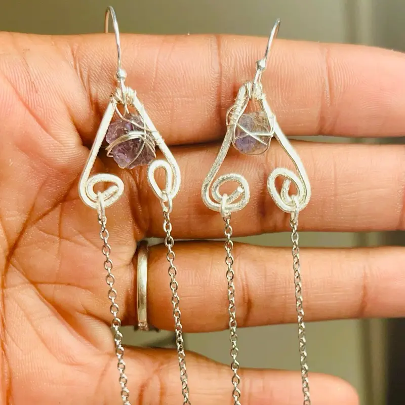 Raw Sapphire Earrings, Natural Uncut Gemstone Dangle Earrings
