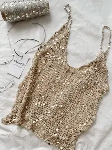 Women's Sequin Crochet Cami Top, Handmade Hollow Out Knit Spaghetti Strap Sleeveless Blouse, Beige Sheer Mesh Tank Top, Y2K Glitter Vest, Wear Alone Or Layered, Ideal For Night Party, Beach Cover Up & Casual Summer Outfit