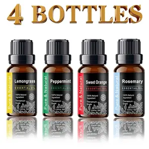 4pcs Lemongrass Mint Orange Rosemary Essential Oils Aromatherapy Wellness Therapeutic 10ML, Long-Lasting Scent for Diffusers Humidifiers Home Office Bathroom Essential Oil Set