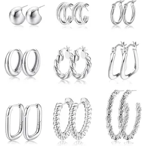 FINREZIO 9 Pairs Hoop Earrings for Women Lightweight Chunky Hoop Earrings Multipack Hypoallergenic Silver Twisted Huggie Hoops Earring Set Jewelry for Gifts Daily
