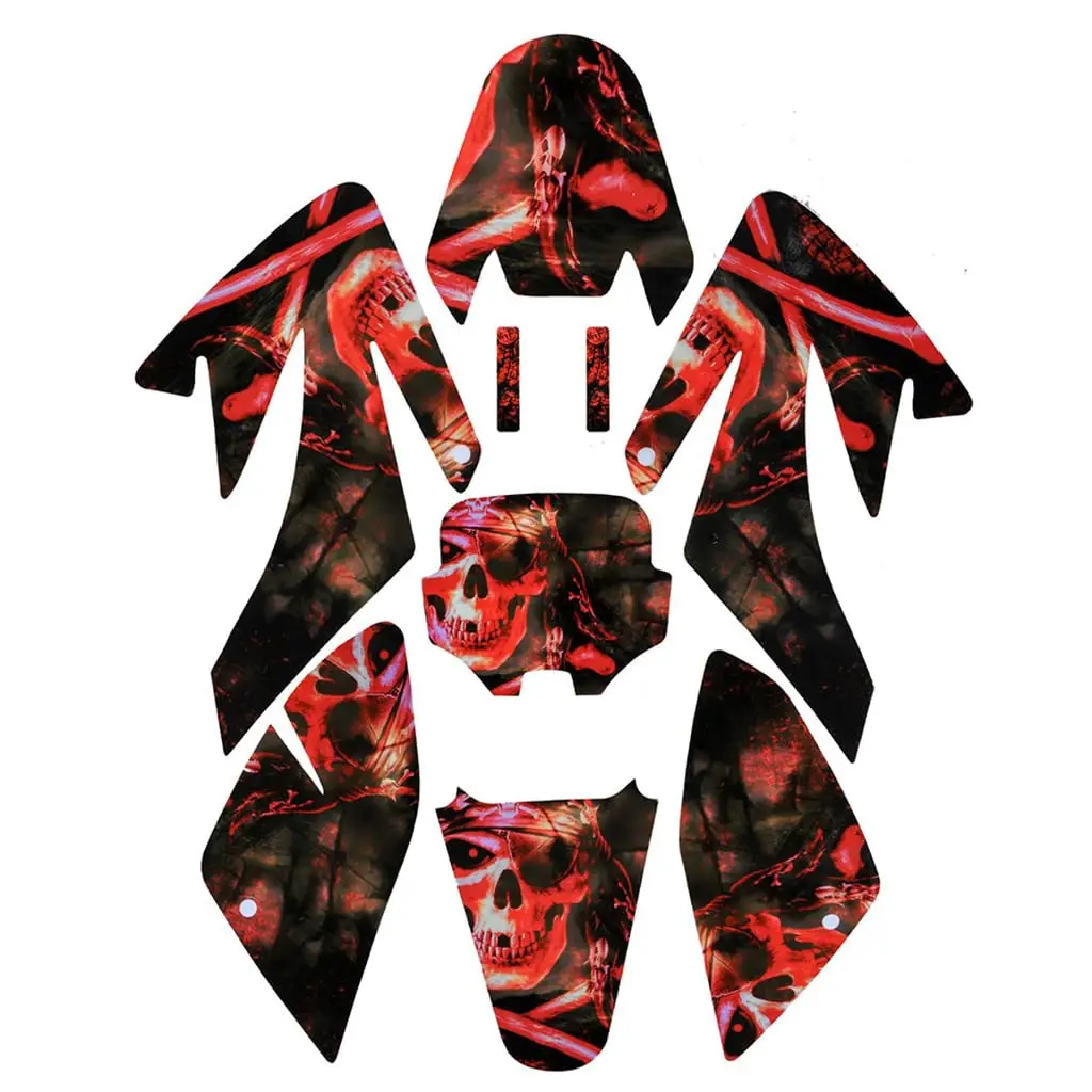 9pcs Decal Graphics Sticker Kit Skull Pit Dirt Bike Plastic Fender Fairing Graphic Set for CRF70 XR70 Taotao Thumpstar Pitpro Atomik Offroad Enduro Motorcycle Mobility 70cc 90cc 110cc 125cc