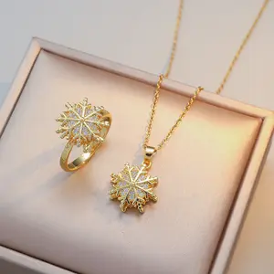 2PCS Snowflake Jewelry Set Necklace Ring for Women, Snowflake Zircon Flower, Rotating New Design Pendant Ring Set, Titanium Steel Necklace