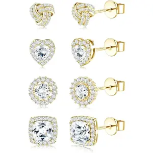 4 Pairs Trendy Sterling Silver CZ Stud Earrings for Women 14K Gold Plated Brilliant Celtic Heart Big Stud Earrings Set Cubic Zirconia Earrings Studs for Sensitive Ear