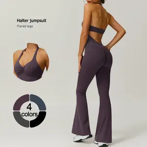 TimeOFF Women's Halter Neck Jumpsuit , Folded Chest, Flared Legs, Butt-Lifting Design , Yoga, Gym & Outdoor Activewear Fitness Outfits Workout Apparel