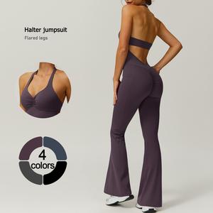 TimeOFF Women's Halter Neck Jumpsuit , Folded Chest, Flared Legs, Butt-Lifting Design , Yoga, Gym & Outdoor Activewear Fitness Outfits Workout Apparel, Solid Color Jumpsuit, Sportswear Jumpsuits
