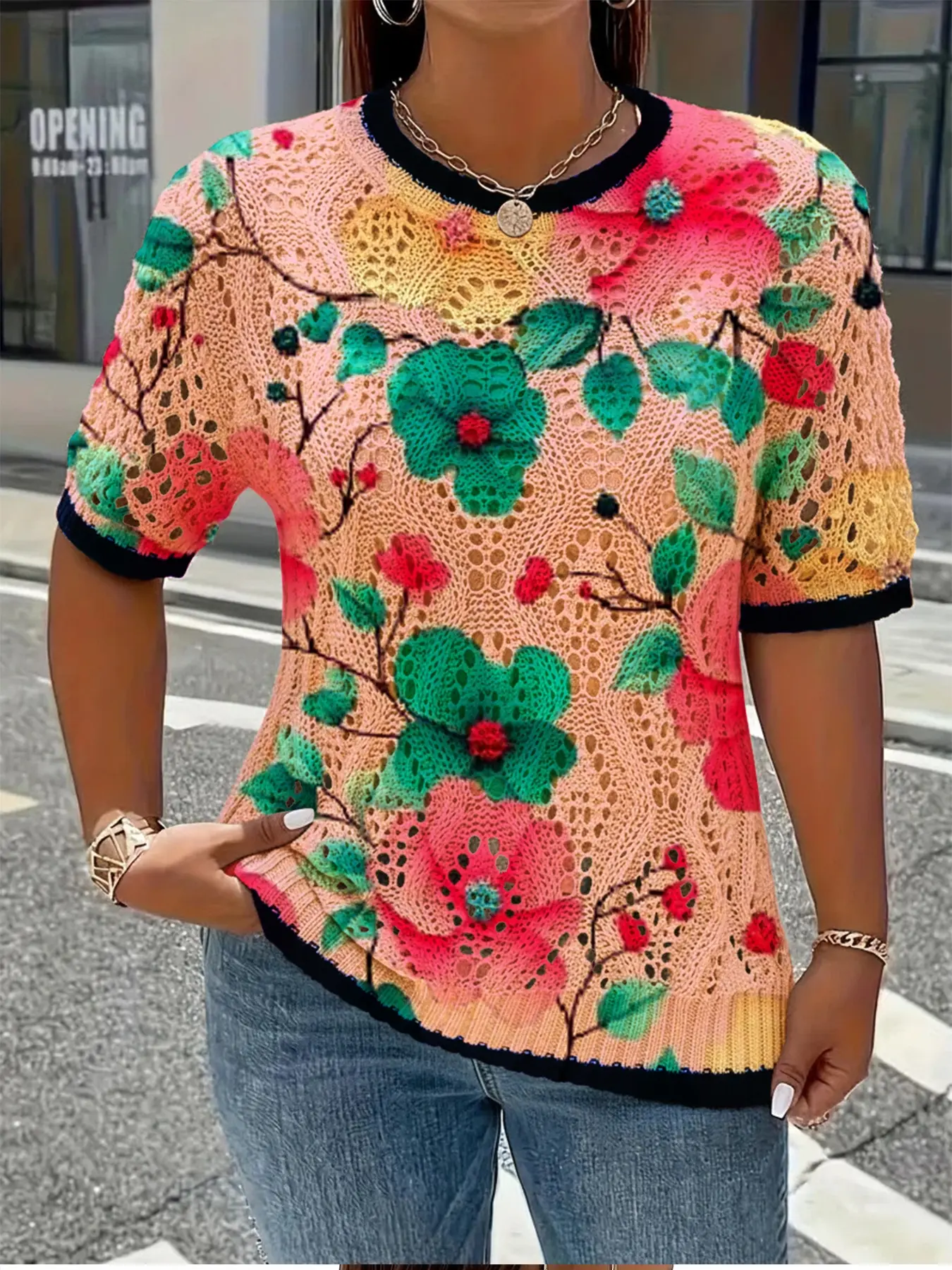 Women's Floral Print Round Neck Short Sleeve Sweater, Hollow Out Knitted Top, Casual Comfortable Breathable, All Seasons Wear Knitwear, Flower Pullover